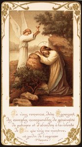 Jésus priant à genoux dans le Jardin de Gethsémani, un ange lui présentant un calice. Début du 20e siècle (carte postale)