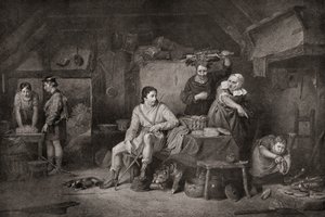 Le roi Alfred dans la chaumière du vacher. Alfred le Grand, c.848-899. Roi de Wessex. La légende raconte que lorsque Alfred s