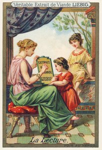 La lecture. Une jeune femme assise montre un panneau publicitaire Liebig à deux fillettes debout devant elle. Chromolithographie publicitaire, Liebig