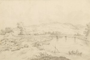 Paysage au bord de la rivière, avec ponts et bateaux - Unbekannter Künstler