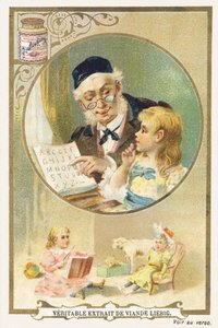 Lecture avec grand-père. Chromolithographie publicitaire représentant dans un cadre circulaire une personne âgée, une petite à ses côtés. En bas de l