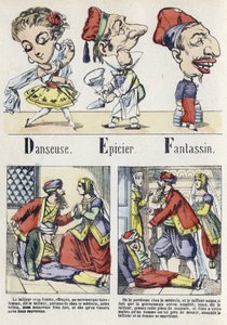 Lettres D, E et F : danseur, épicier et infanterie. Alphabet du Conte Oriental. Imagerie d