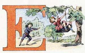 Lettre E : Escarpolette. Alphabet de Phosphatine Falières. Gravure. Breveté alphabet S.G.D.G. par le pharmacien Pierre Émile Falières. Illustrations en chromolithographie, fin 19ème siècle. - Unbekannt