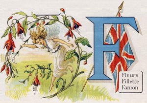 Lettre F: Fleurs, Fille, Fanion. Gravure dans "ABC L