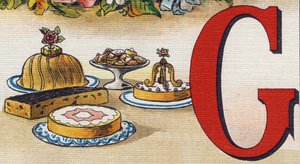 Lettre G : Gâteaux. Gravure dans "Alphabet de ma petite fille". Bernardin-Béchet et Fils, libraires-éditeurs, Paris, vers 1895. Album incassable sur toile. Bibliothèque des Bébés. - Unbekannt