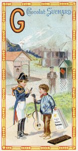 Lettre G : glacier, gendarme, gazomètre, gamin, gare, guerrier, girouette, guitare. Gravure de l