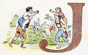 Lettre J : Jeu. Alphabet de Phosphatine Falières. Gravure. Alphabet breveté S.G.D.G. par le pharmacien Pierre Émile Falières. Illustrations en chromolithographie, fin 19ème siècle. 16 pages. Dim : 103x154 mm. - Unbekannt