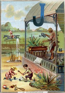Lettre J : jardin; jeu; jouets; jockey; jardinier; jumelles; jet; journal. Alphabet. Dans chaque image, il y a un certain nombre de mots illustres dont les représentations sont mises en scène. Chromolithographies de la Lithographie parisienne, vers 1890. D