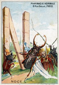 Lettre N comme noces. Alphabet artistique de M. Marinier. Édité par Henry Sicard, fin 19ème siècle. Chromolithographies publicitaires pour des produits vendus en pharmacie. Dim : 12,5 x 9 cm
