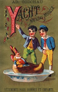 Lettre Y: Yacht nouveau modèle. Gravure dans "Alphabet des grotesques". Série de 25 chromolithographies publicitaires sur fond doré, fin 19ème siècle.