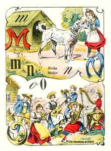 Lettres M N et O comme Médor, Niche et Orchestre Suisse. Gravure dans "Alphabet Amusant". Imagerie de Pont-à-Mousson. Impression et édition Louis Vagne, fin du 19ème siècle - Unbekannt