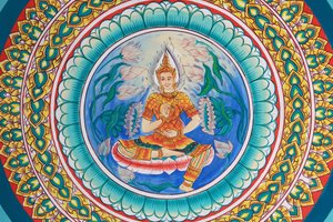 Vie de Bouddha. Œuvre au plafond représentant la vie de Bouddha. Wat Inpeng. Vientiane, Laos