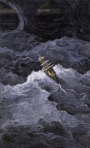 Littérature : Bateau au milieu de la mer. Illustration du roman de Samuel Taylor Coleridge (1772-1834) "Rime of the Ancient Mariner". Gravure en couleur d