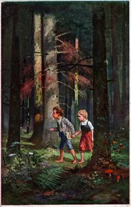 Littérature. Contes de fées. Hansel et Gretel perdus dans la forêt. Illustration par Otto Kubel pour le conte des frères Grimm. Carte postale, Allemagne, vers 1900