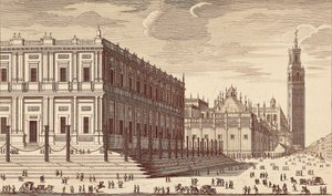 Lonja de Comercio ("Bâtiment de commerce") et vue partielle de la cathédrale de Séville. Gravure. ESPAGNE. MADRID (COMMUNAUTÉ AUTONOME). Madrid. Bibliothèque nationale