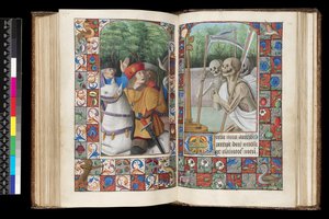 MS 92 f.132v-133r, Office des Morts, Matines, Les Trois Vivants et les Trois Morts, d
