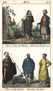 Homme et femme du Maroc, un marchand maure, au-dessus, et un couple de Marocains, un marchand maure et en dessous, un homme berbère en manteau et un couple de nomades maures. Lithographie pour le livre : « Galerie complète en tableaux fidèles des peuples d
