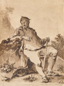 Homme avec casquette et bâton se reposant sur une pierre