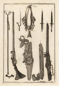 Mousquet à mèche, serrure et baïonnette de la Tour de Londres 1-3, baïonnette 4, repose-mousquet et baïonnette 5, repose-mousquet 6, bandoulières et flasque à poudre 7, serrure à roue 8,9, et clé 10