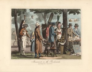 Marchands itinérants sur les boulevards, un vendeur de tisane avec son tonneau sur le dos, un aveugle avec son chien, un porteur et un vendeur d