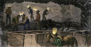 Mineurs creusant la mine et chargeant le charbon dans de petits wagons tirés par des mules en Pennsylvanie. Gravure colorée de 1860.