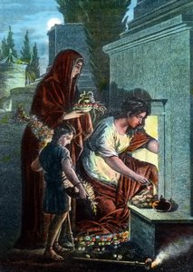 Des pleureurs faisant des sacrifices sur la tombe de leurs bien-aimés dans la zone des catacombes à Rome, Italie - Unbekannter Künstler