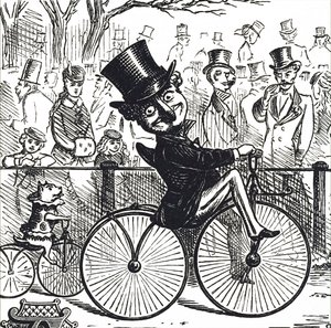 M. Punch et le chien Toby chevauchant des vélocipèdes