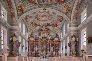 Nef, autel, peinture de plafond, photographie intérieure, église paroissiale catholique Saint-Georges, Neustift, vallée de Stubai, Tyrol, Autriche, Europe