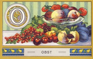 O : Obst - Alphabet Palmin. Série de chromolithographies éditées par H. Schlinck & Cie, Hambourg, s. d. Publicité pour Palmin feinstes Cocosfett. Dimensions : 7 x 11 cm - William M. Timlin