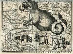 Une des dernières constellations du sud visibles en France est celle de la Baleine, représentée comme un animal fantastique avec une langue fourchue et une longue queue. Au sud de la Baleine, les cartes célestes contiennent trois constellations modernes :  - Unbekannt