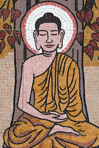 Pagode bouddhiste Ong Nui, fresque murale, La vie du Bouddha, Bouddha Shakyamuni assis en méditation sous l