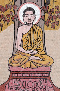 Pagode bouddhiste Ong Nui, fresque murale, La vie du Bouddha, Bouddha Shakyamuni assis en posture de méditation sous l