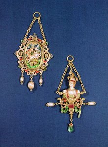 Pendentif ovale montrant Saint Georges terrassant le dragon, Europe du Nord, vers 1600; Pendentif en forme de buste de Minerve, Allemagne du Sud, vers 1570