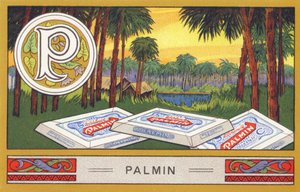 P : Palmin - Alphabet Palmin. Série de chromolithographies éditées par H. Schlinck & Cie, Hambourg, s. d. Publicité pour Palmin feinstes Cocosfett. Dimensions : 7 x 11 cm - William M. Timlin