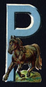P comme Poney. Découpis de coléoptères sur le thème des animaux. Gravure. Série de 26 chromolithographies gaufrées d