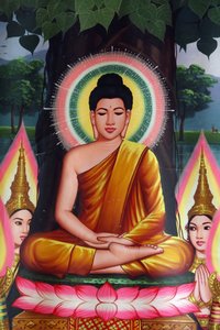 Peinture représentant Bouddha méditant, Udong, Cambodge
