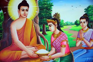 Peinture représentant Bouddha recevant des offrandes. Cambodge