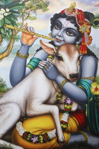 Peinture représentant le dieu hindou Krishna jouant de la flûte et caressant un veau. Inde - Unbekannt