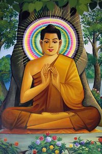 Peinture représentant un Bouddha assis à Wat Than Phnom Penh Cambodge