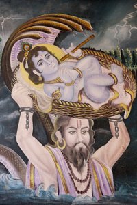 Peinture à Gokul : Krishna bébé porté sur la rivière Yamuna par Vasudeva. Inde - Unbekannt