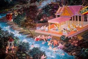Peintures de scènes de village avec Bouddha en Thaïlande, Wat bang riang, Thub Pat, Phang Nga, Thaïlande, Asie - Unbekannter Künstler