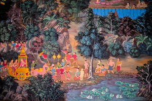 Peintures de scènes de village avec Bouddha en Thaïlande, Wat bang riang, Thub Pat, Phang Nga, Thaïlande, Asie - Unbekannter Künstler