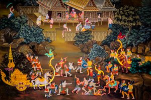 Peintures de scènes de village avec Bouddha en Thaïlande, Wat Bang Riang, Thub Pat, Phang Nga, Thaïlande, Asie - Unbekannter Künstler
