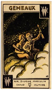 Paranormal. Astrologie. Gémeaux (les Jumeaux). Carte astrologique de : Le Tarot Astrologique, par Georges Muchery, France - Unbekannter Künstler