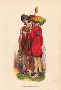 Paysans et soldats cochinchinois (Vietnam) - Hommes du Vietnam (Cochinchine) : soldat avec turban, bouclier et lance, et fermier avec chapeau de paille, tunique et pelle - Unbekannter Künstler