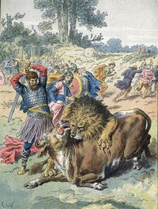Pépin le Bref combattant un lion et un taureau au Champ de Mars pour prouver son courage (751) - Unbekannter Künstler