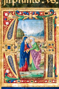 Bibliothèque Piccolomini : livre de chœur, cod. 14.P., ff. 2r avec "la Visitation de Marie et Sainte Élisabeth, par Giovanni di Giuliano Boccardi, dit Boccardino l