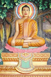 Vie du Bouddha. Méditation sur une fleur de lotus. Le Bouddha en position de toucher la terre