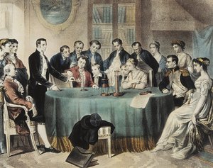 Présentation en 1801 des expériences sur la pile électrique au Premier Consul Napoléon Bonaparte par Volta (gravure). - Unbekannter Künstler