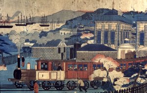Chemin de fer dans un port japonais, fin du 19e siècle (gravure) - Unbekannter Künstler
